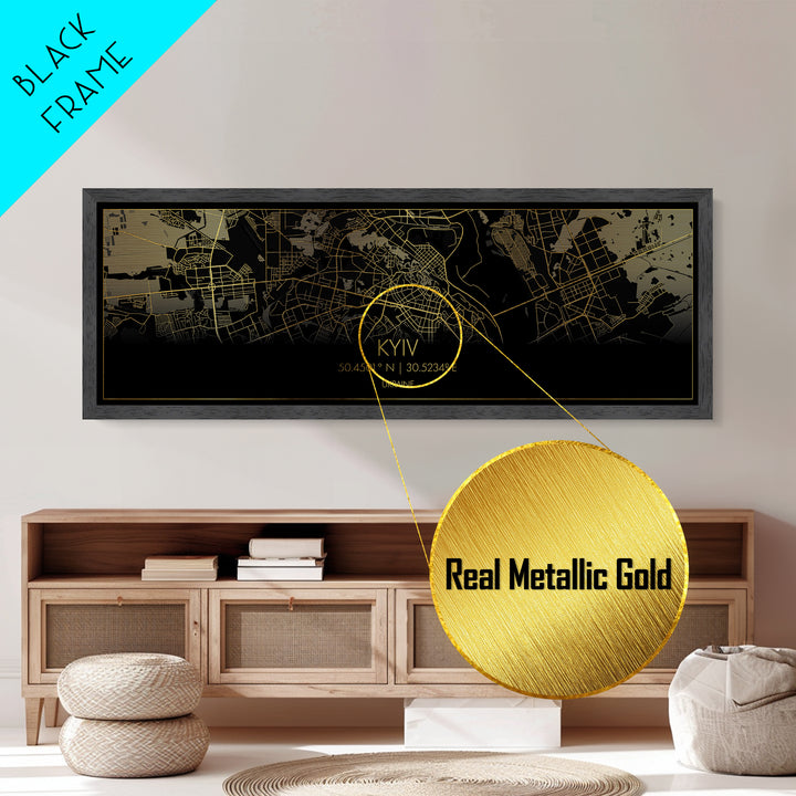 Kyiv Ukraine City Poster, Panoramic street map, black and gold, Metallic Gold Art, Metal Art, wood framed map, Wall Art, College Dorm Décor
