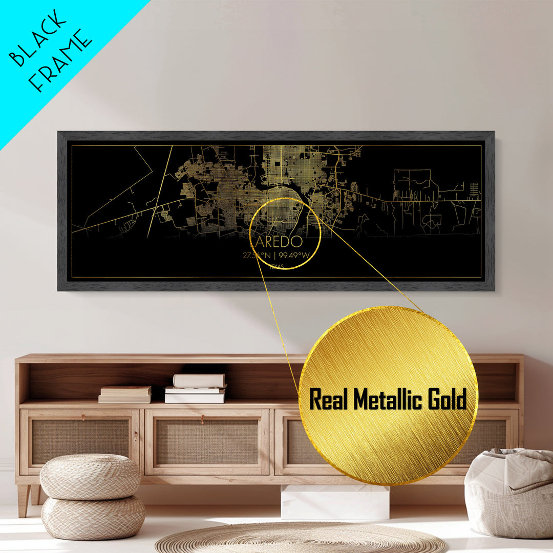 Laredo Texas City street map, Panoramic art, black and gold, Metallic Gold Print, Metal Art, real wood frames, Housewarming Gift