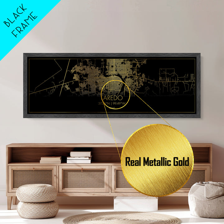 Laredo Texas City street map, Panoramic art, black and gold, Metallic Gold Print, Metal Art, real wood frames, Housewarming Gift
