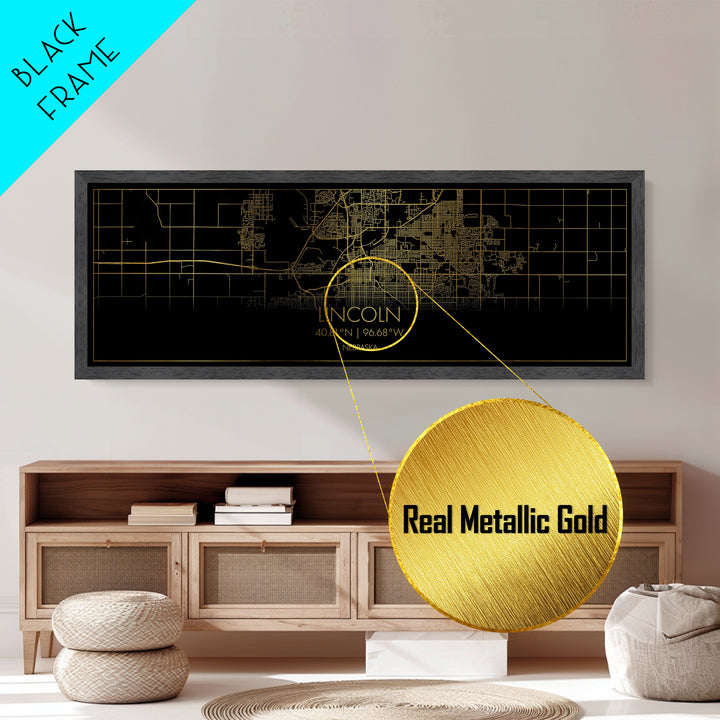 Lincoln Nebraska City Poster, Panoramic street map, black and gold, Metallic Gold Art, Metal Art, wood framed map, College Dorm Décor
