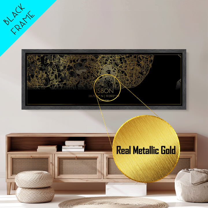 Lisbon Portugal map, Panoramic art, black and gold, Metallic Gold Print, Metal Art, real wood frames, Modern Wall Art, Housewarming Gift