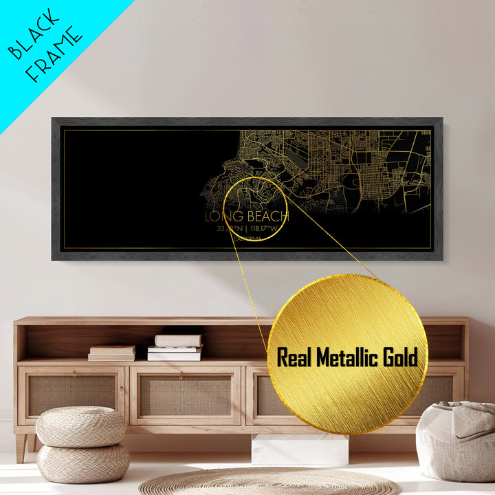 Long Beach California City Poster, Panoramic street map, black and gold, Metallic Gold Art, Metal Art, wood framed map, Housewarming Gift