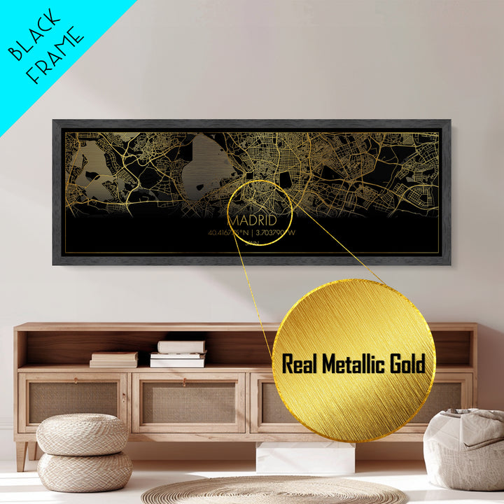 Madrid Spain City Poster, Panoramic street map, black and gold, Metallic Gold Art, Metal Art, wood framed map, College Dorm Décor