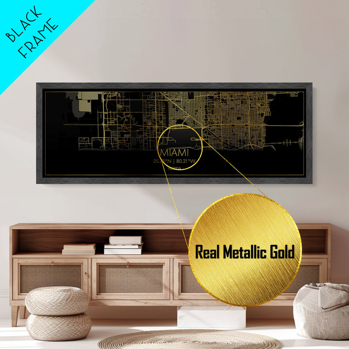 Miami Florida City street map, Panoramic art, black and gold, Metallic Gold Print, Metal Art, real wood frames, Office Decor, Wall Art
