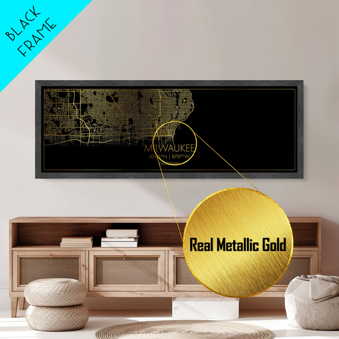 Milwaukee Wisconsin City street map, Panoramic art, black and gold, Metallic Gold Print, Metal Art, real wood frames, Minimalist Wall Art