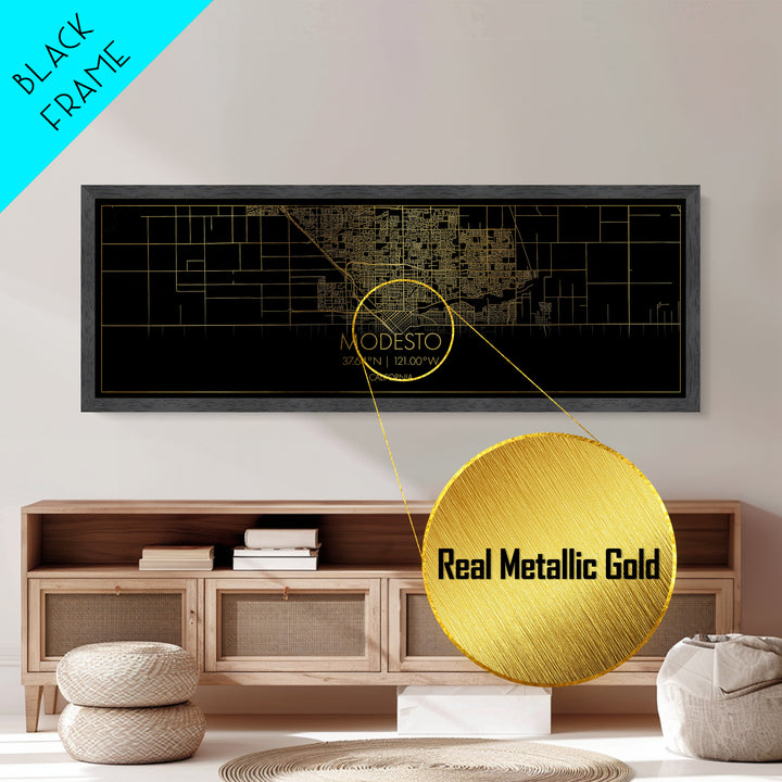 Modesto California City Poster, Panoramic street map, black and gold, Metallic Gold Art, Metal Art, wood framed map, Modern House Art