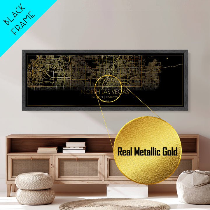 North Las Vegas Nevada City street map, Panoramic art, black and gold, Metallic Gold Print, Metal Art, real wood frames, Best Friend Gifts