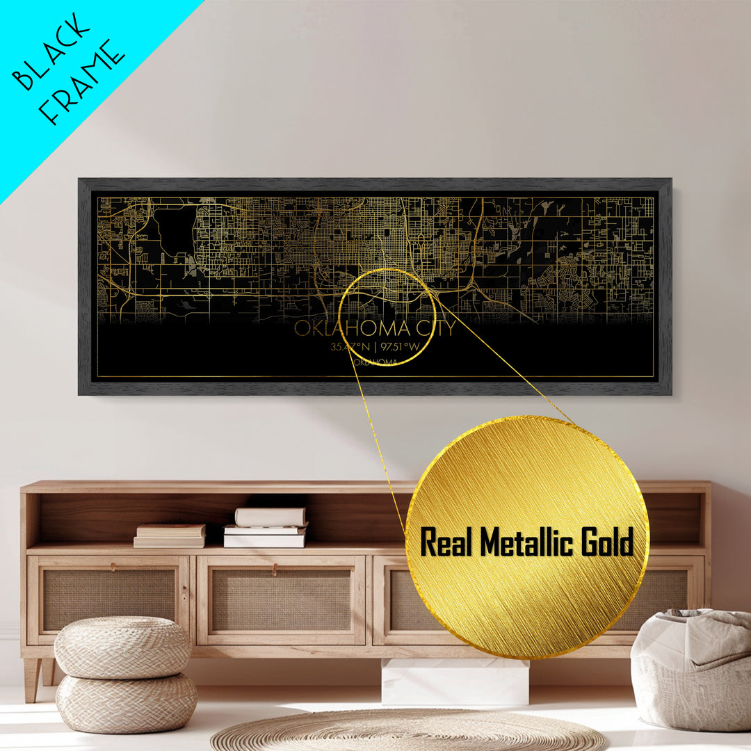 Oklahoma City Oklahoma City Poster, Panoramic street map, black and gold, Metallic Gold Art, Metal Art, wood framed map, Street Map Art