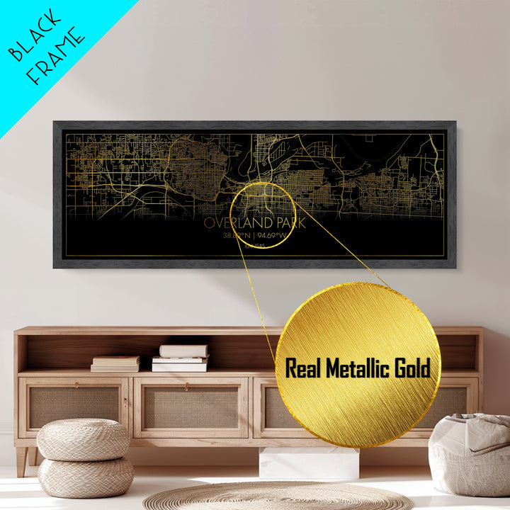 Overland Park Kansas City street map, Panoramic art, black and gold, Metallic Gold Print, Metal Art, real wood frames, Minimalist Wall Art