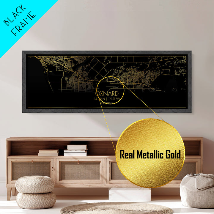 Oxnard California City Poster, Panoramic street map, black and gold, Metallic Gold Art, Metal Art, wood framed map, Housewarming Gift