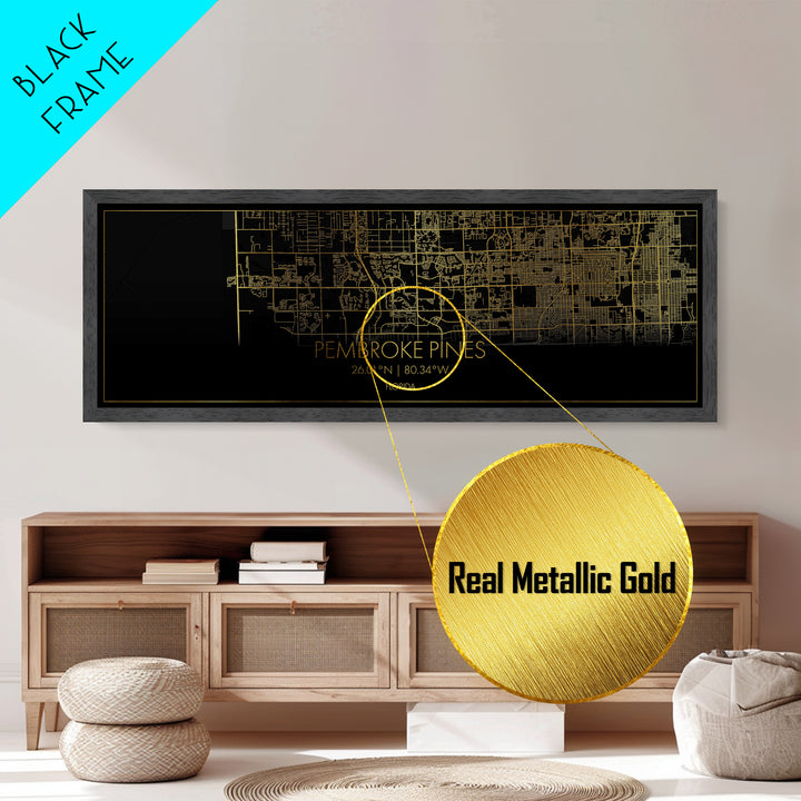 Pembroke Pines Florida City Poster, Panoramic street map, black and gold, Metallic Gold Art, Metal Art, wood framed map, Best Friend Gifts