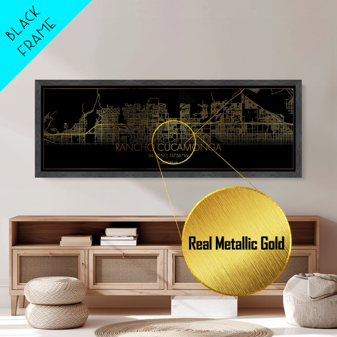 Rancho Cucamonga California street map, Panoramic art, black and gold, Metallic Gold Print, Metal Art, real wood frames, Housewarming Gift