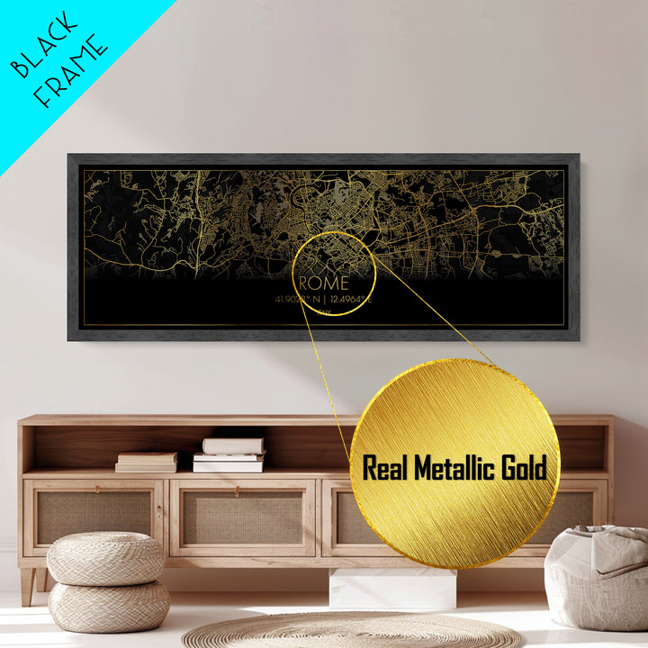 Rome Italy map, Panoramic art, black and gold, Metallic Gold Print, Metal Art, real wood frames, Street Map Art, City Map Print Poster