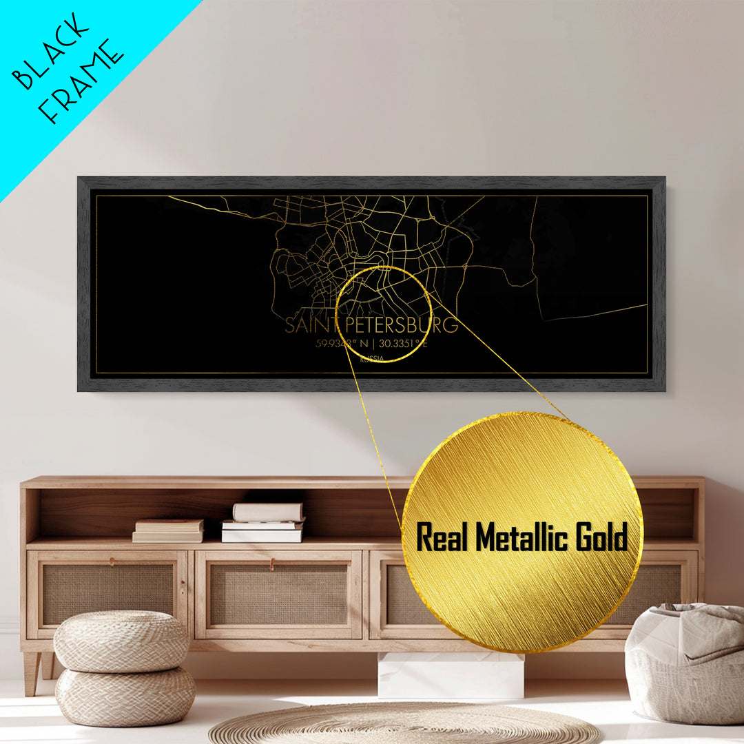 Saint Petersburg Russia City street map, Panoramic art, black and gold, Metallic Gold Print, Metal Art, real wood frames, Housewarming Gift