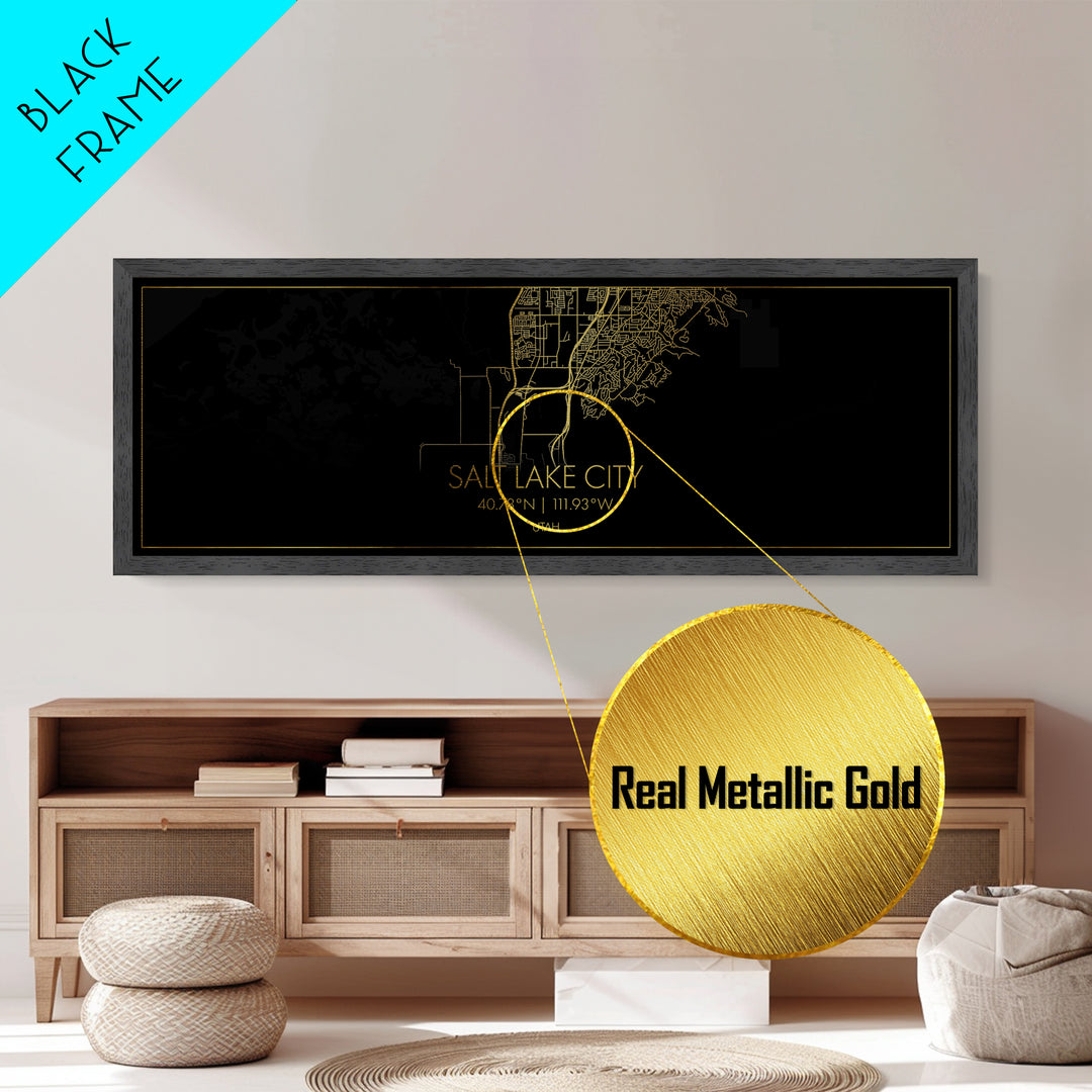 Salt Lake City Utah map, Panoramic art, black and gold, Metallic Gold Print, Metal Art, real wood frames, Modern Wall Art, Map Print Poster