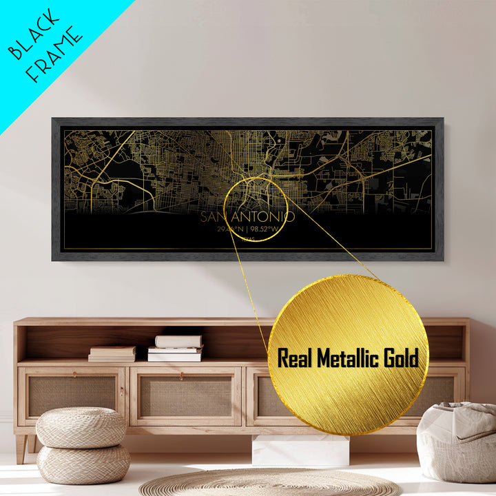 San Antonio Texas Poster, Panoramic street map, black and gold, Metallic Gold Art, Metal Art, wood framed map, Best Friend Gifts