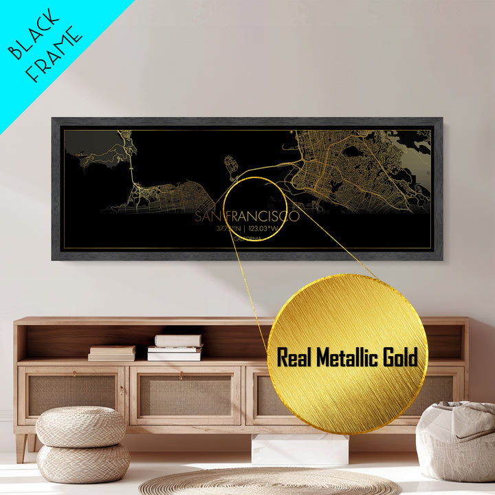 San Francisco California City street map, Panoramic art, black and gold, Metallic Gold Print, Metal Art, real wood frames, Housewarming Gift