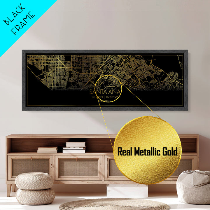 Santa Ana California City street map, Panoramic art, black and gold, Metallic Gold Print, Metal Art, real wood frames, Office Décor