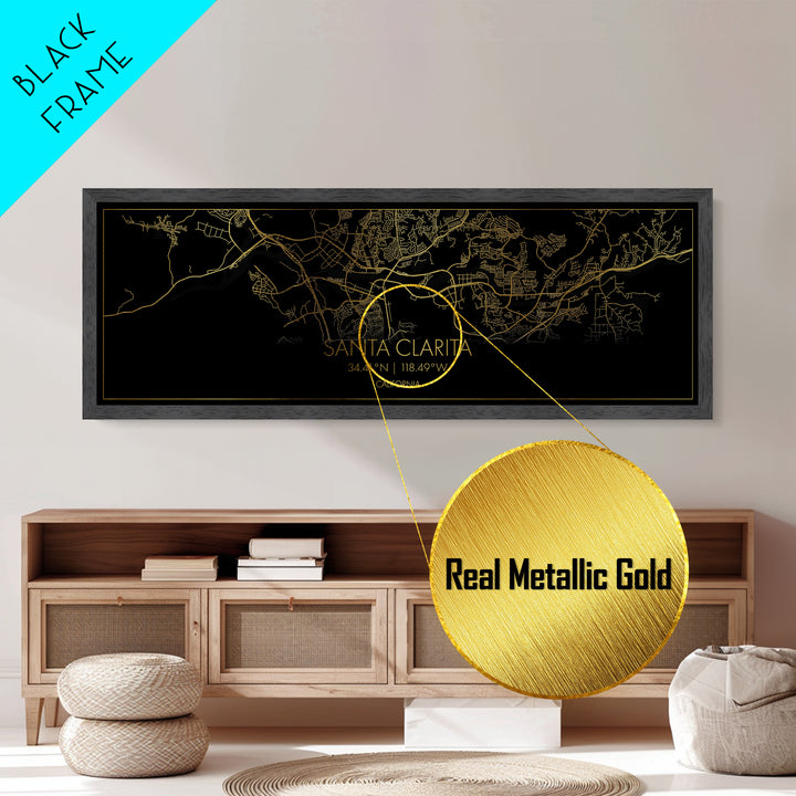 Santa Clarita California City Poster, Panoramic street map, black and gold, Metallic Gold Art, Metal Art, wood framed map, Street Map Art