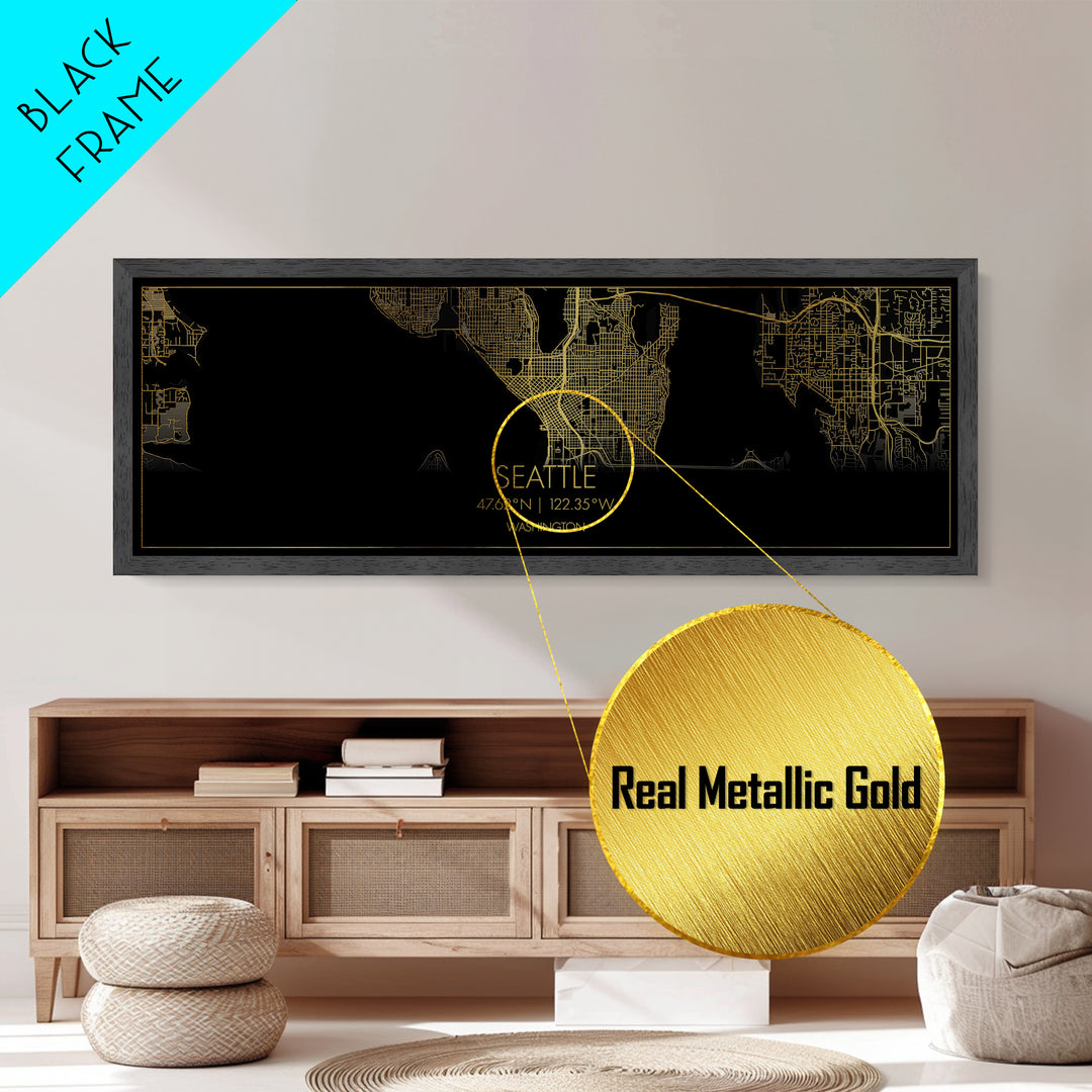 Seattle Washington City street map, Panoramic art, black and gold, Metallic Gold Print, Metal Art, real wood frames, Office Décor