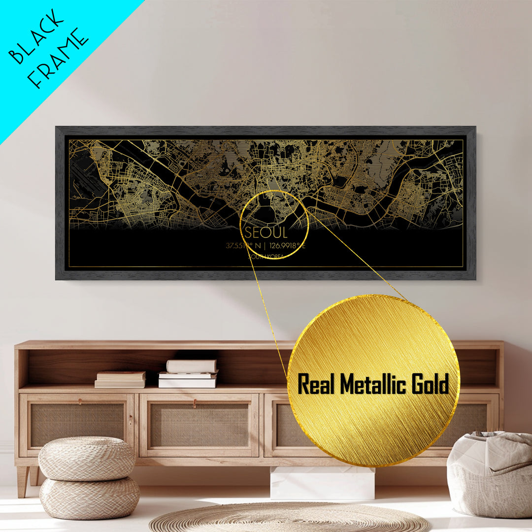 Seoul South Korea City Poster, Panoramic street map, black and gold, Metallic Gold Art, Metal Art, wood framed map, Modern Wall Art