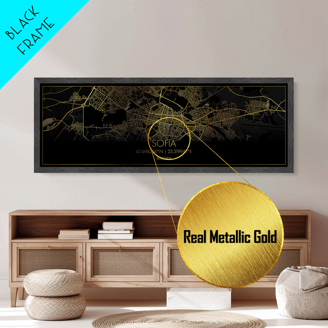 Sofia Bulgaria City Poster, Panoramic street map, black and gold, Metallic Gold Art, Metal Art, wood framed map, Wall Art, Street Map Art