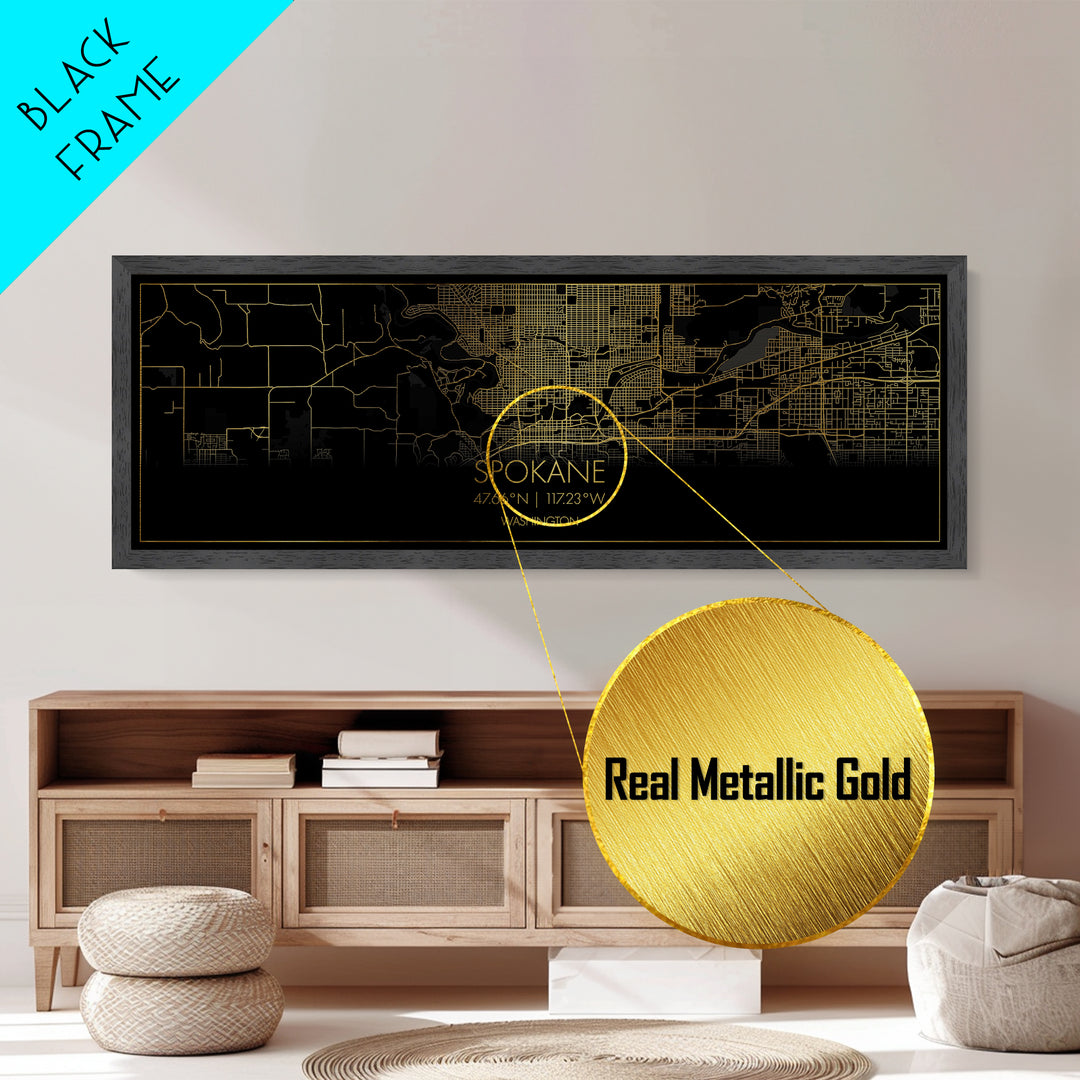 Spokane Washington City street map, Panoramic art, black and gold, Metallic Gold Print, Metal Art, real wood frames, Office Décor