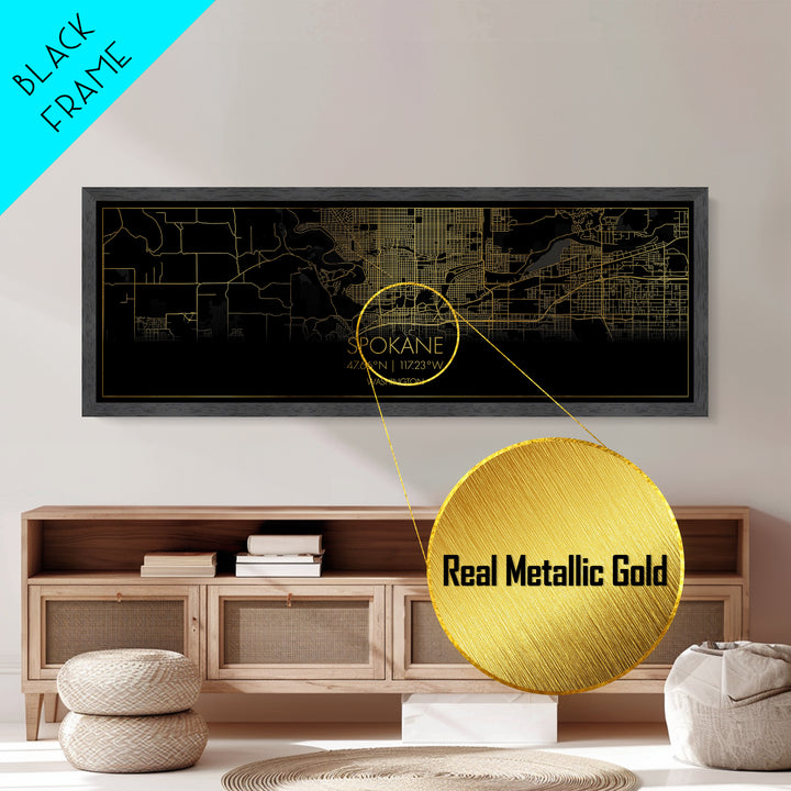 Spokane Washington City street map, Panoramic art, black and gold, Metallic Gold Print, Metal Art, real wood frames, Office Décor