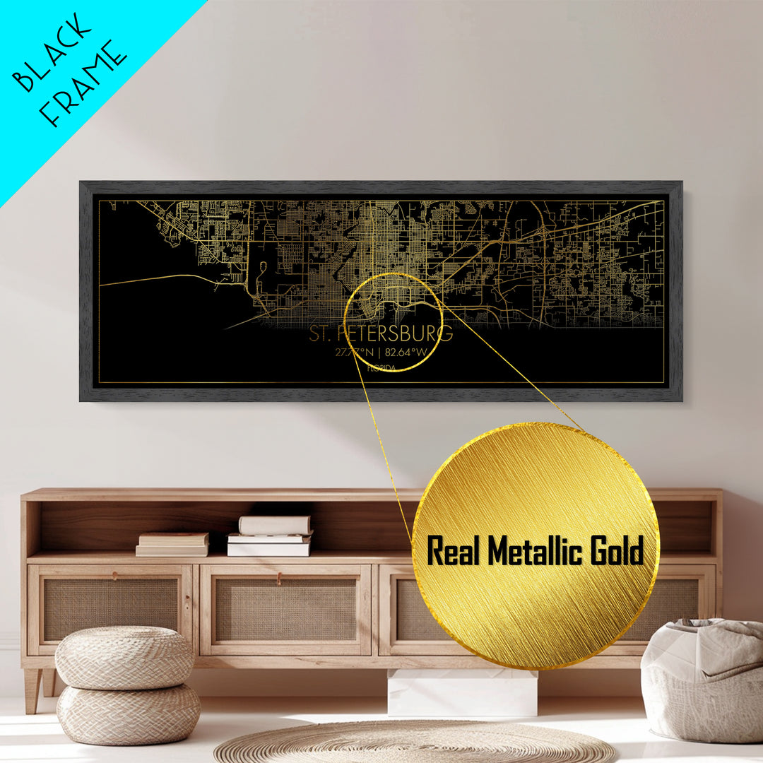 St. Petersburg Florida City street map, Panoramic art, black and gold, Metallic Gold Print, Metal Art, real wood frames, Map Print Poster