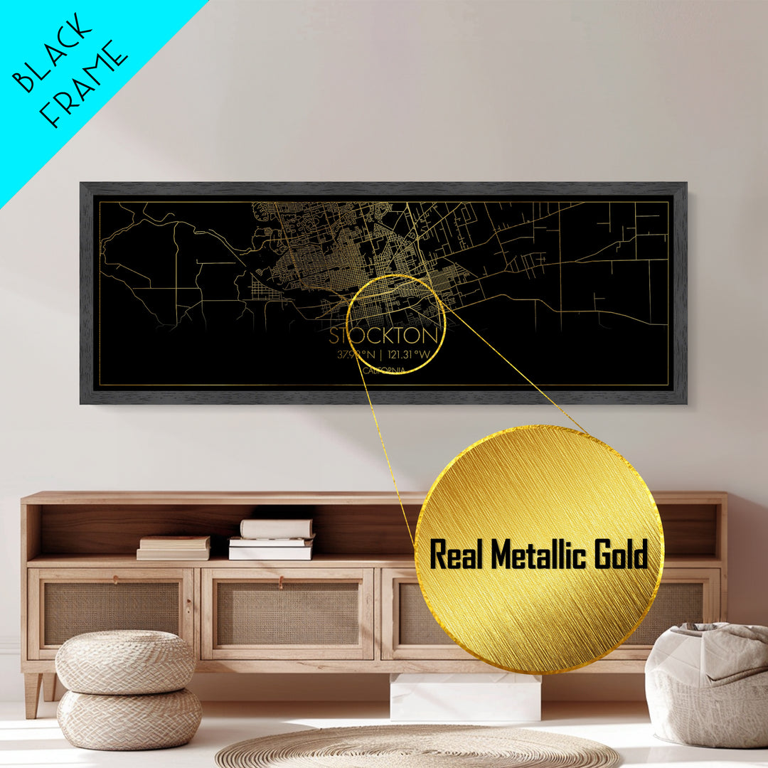 Stockton California City street map, Panoramic art, black and gold, Metallic Gold Print, Metal Art, real wood frames, Map Print Poster