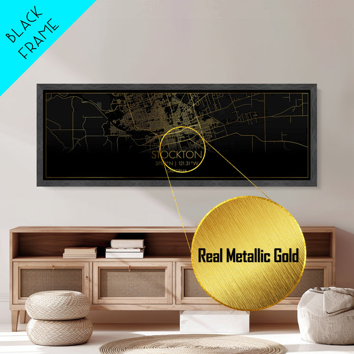Stockton California City Poster, Panoramic street map, black and gold, Metallic Gold Art, Metal Art, wood framed map, Wall Art, Closing Gift