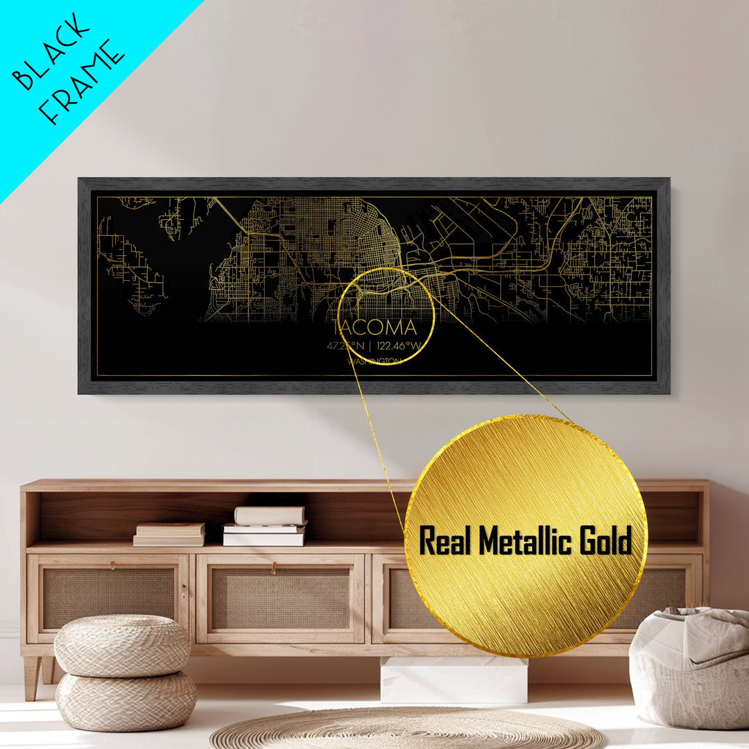 Tacoma Washington City street map, Panoramic art, black and gold, Metallic Gold Print, Metal Art, real wood frames, Map Print Poster