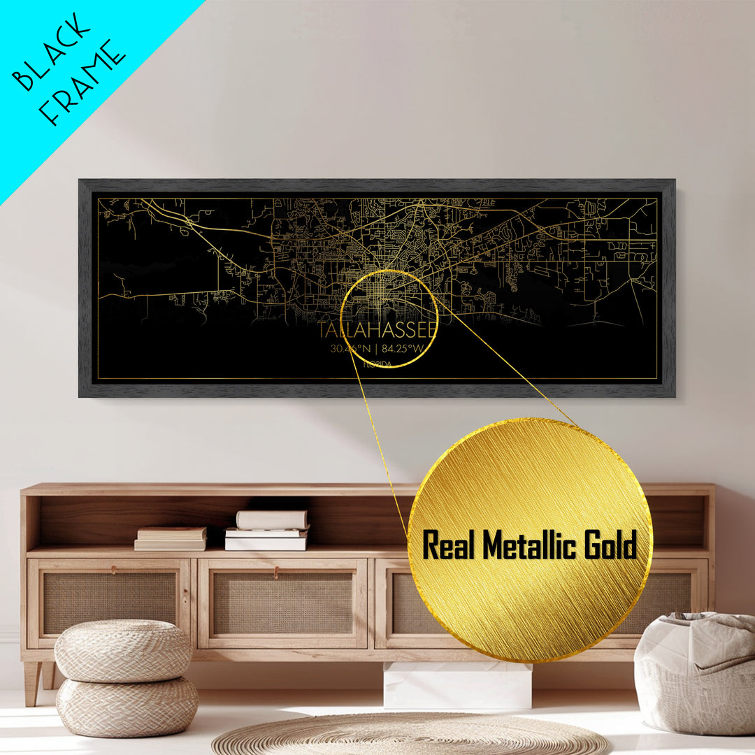 Tallahassee Florida City Poster, Panoramic street map, black and gold, Metallic Gold Art, Metal Art, wood framed map, Housewarming Gift