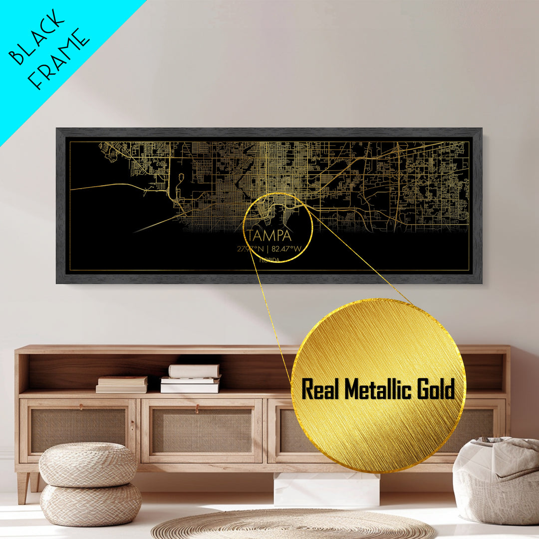Tampa Florida map, Panoramic art, black and gold, Metallic Gold Print, Metal Art, real wood frames, Best Friend Gifts, Street Map Art