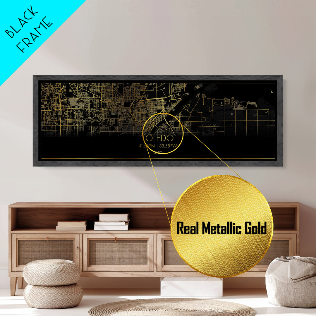 Toledo Ohio City Poster, Panoramic street map, black and gold, Metallic Gold Art, Metal Art, wood framed map, Modern Wall Art