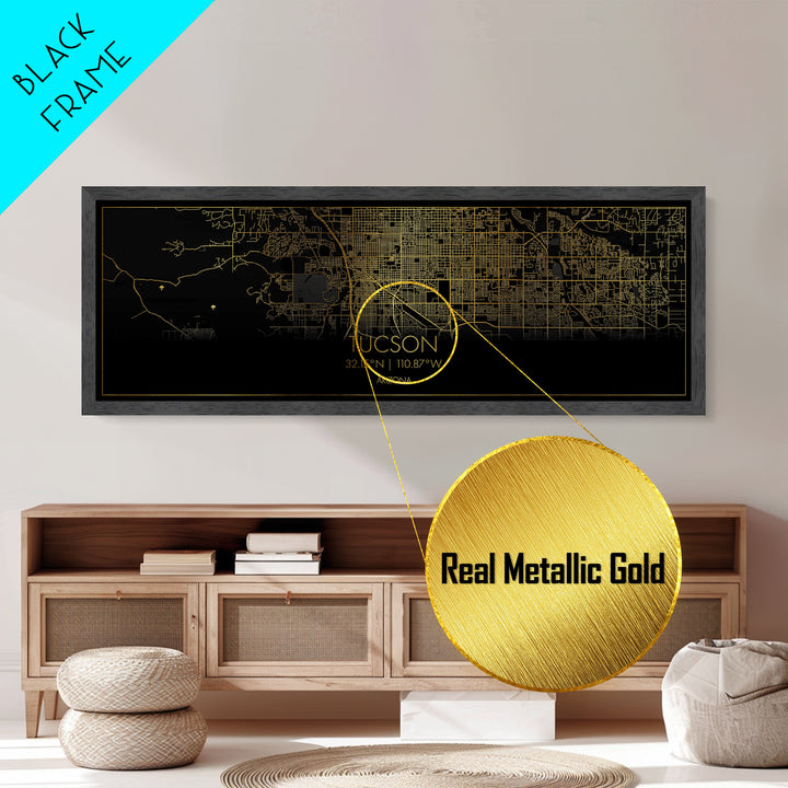 Tucson Arizona City street map, Panoramic art, black and gold, Metallic Gold Print, Metal Art, real wood frames, Housewarming Gift
