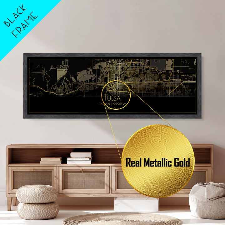 Tulsa Oklahoma City Poster, Panoramic street map, black and gold, Metallic Gold Art, Metal Art, wood framed map, Map Print Poster