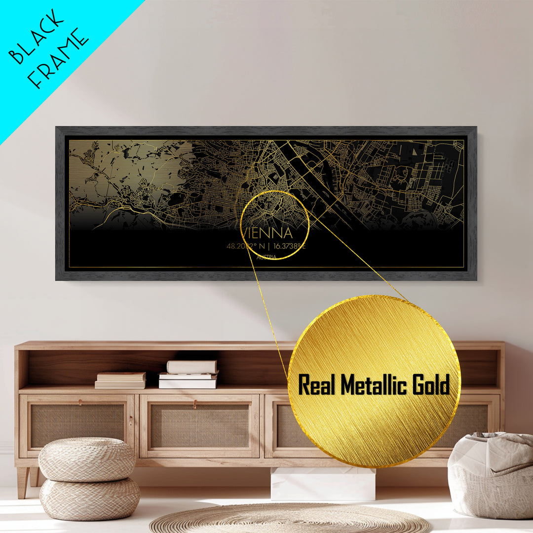Vienna Austria City street map, Panoramic art, black and gold, Metallic Gold Print, Metal Art, real wood frames, Street Map Art, Wall Art