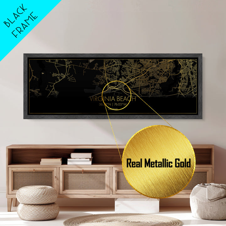 Virginia Beach Virginia City Poster, Panoramic street map, black and gold, Metallic Gold Art, Metal Art, wood framed map, Best Friend Gifts