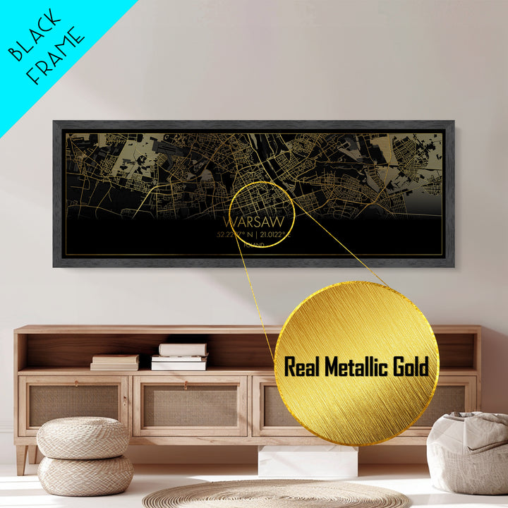 Warsaw Poland City street map, Panoramic art, black and gold, Metallic Gold Print, Metal Art, real wood frames, College Dorm Décor