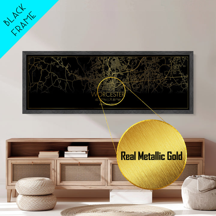 Worcester Massachusetts City Poster, Panoramic street map, black and gold, Metallic Gold Art, Metal Art, wood framed map, Office Décor