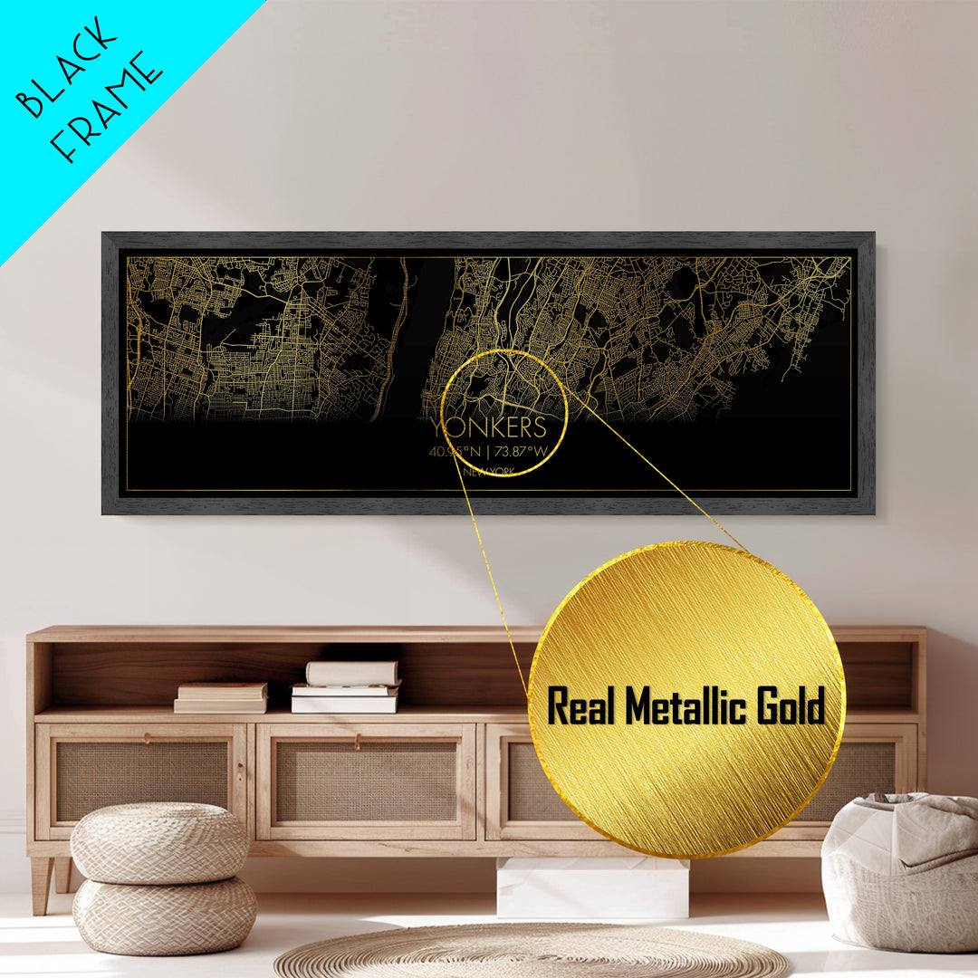 Yonkers New York City street map, Panoramic art, black and gold, Metallic Gold Print, Metal Art, real wood frames, Modern House Art