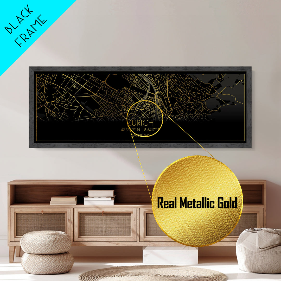 Zurich Switzerland City Poster, Panoramic street map, black and gold, Metallic Gold Art, Metal Art, wood framed map, Best Friend Gifts