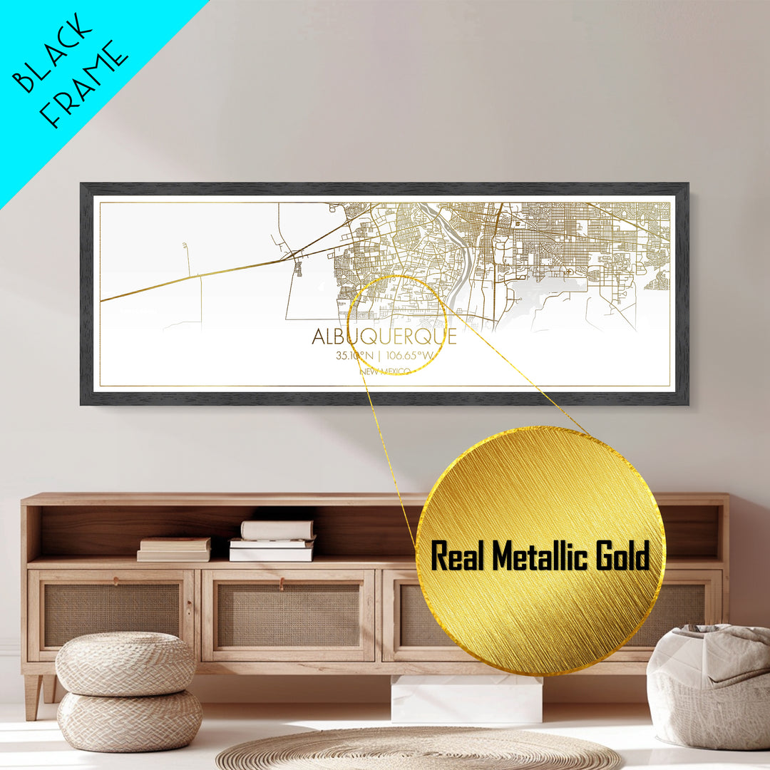Black and Gold Panoramic Albuquerque New Mexico Street Map Wall Art - Metal Art - Metallic Gold Foil Wall Art - Gold Street Map Art