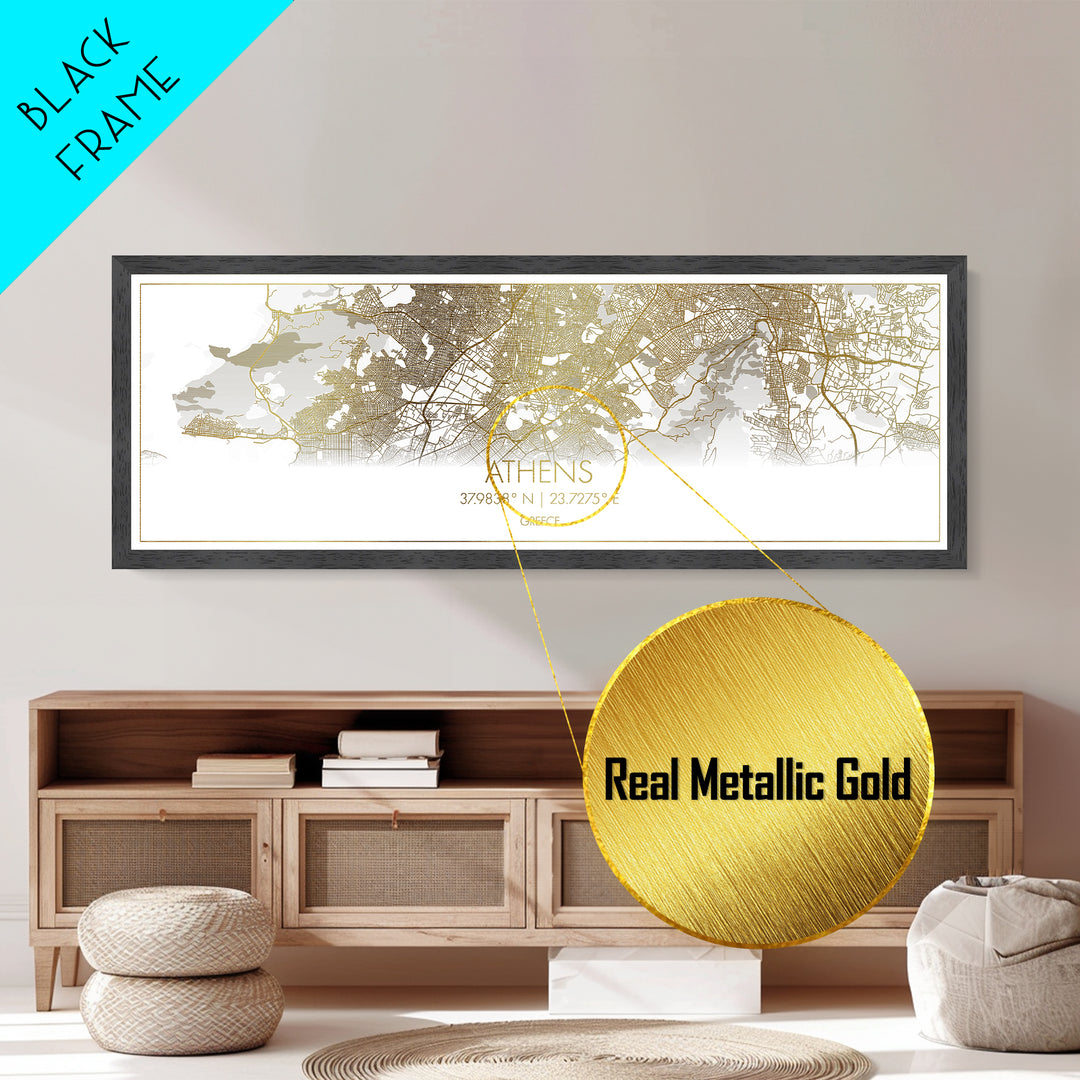 Athens Greece City street map, Panoramic art, black and gold, Metallic Gold Print, Metal Art, real wood frames, Housewarming Gift