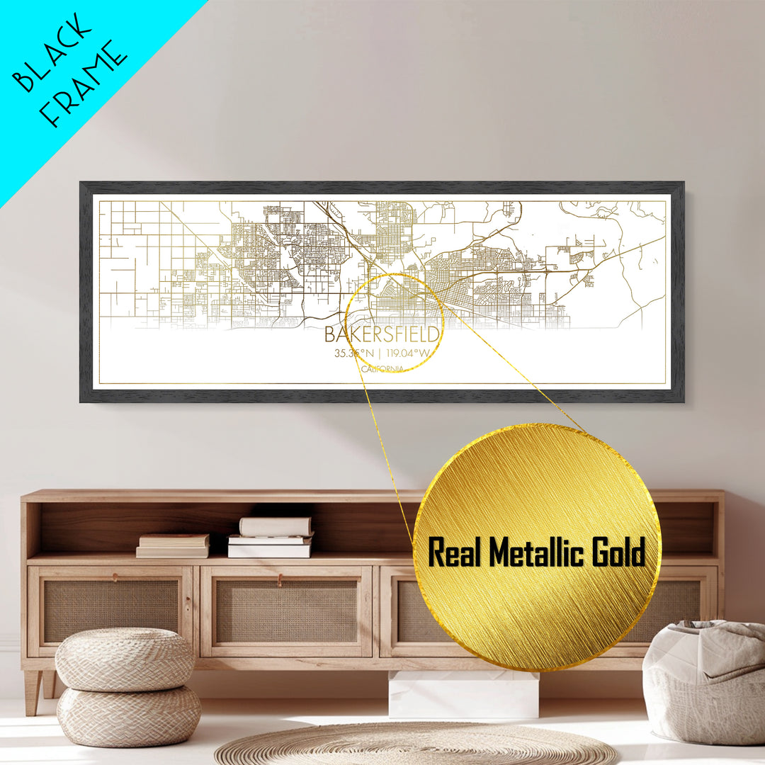 Bakersfield California City street map, Panoramic art, black and gold, Metallic Gold Print, Metal Art, real wood frames, Best Friend Gifts