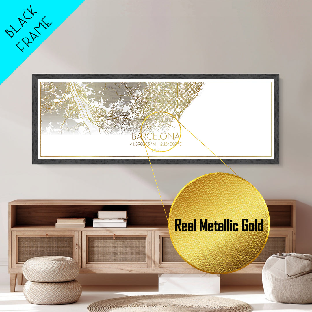 Barcelona Spain City street map, Panoramic art, black and gold, Metallic Gold Print, Metal Art, real wood frames, Modern Wall Art