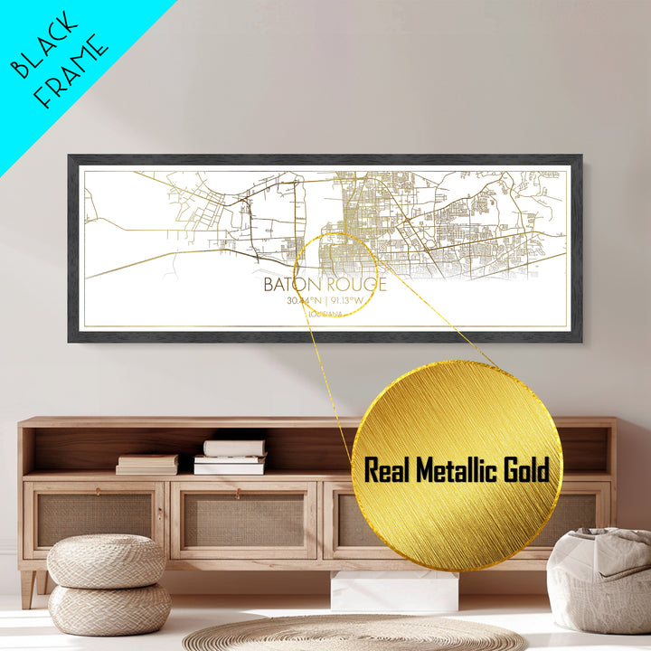Baton Rouge Louisiana City Poster, Panoramic street map, black and gold, Metallic Gold Art, Metal Art, wood framed map, Minimalist Wall Art