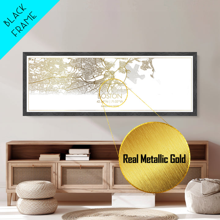 Boston Massachusetts map, Panoramic art, black and gold, Metallic Gold Print, Metal Art, real wood frames, Wall Art, Housewarming Gift