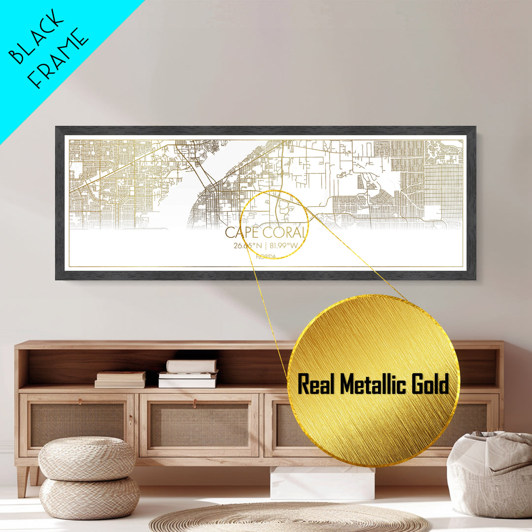 Cape Coral Florida City street map, Panoramic art, black and gold, Metallic Gold Print, Metal Art, real wood frames, Housewarming Gift